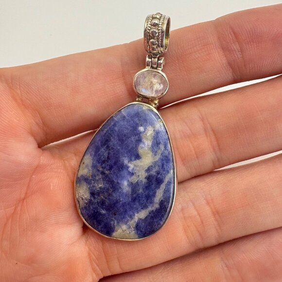VTG Sterling Silver 925 Sodalite Bezel Set Statement Pendant Size 2" Length - Picture 9 of 12